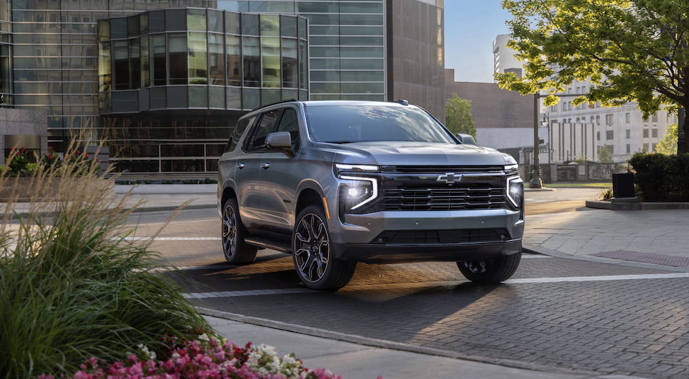 A grey 2025 Chevy Tahoe RST from the front.
